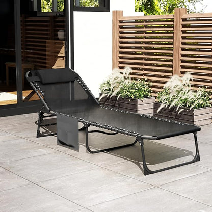 4-Level Reclining Backrest Aluminum Folding Lounge Chair, Outdoor Lounge Chair, Removable Pillow & Side Pocket Design, Breathable Portable Tanning Chair for Poolside, Patio, Backyard, Black