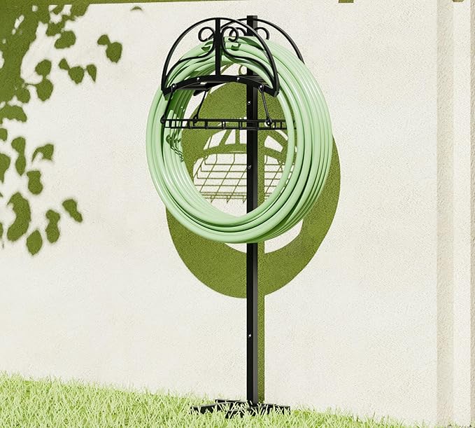 Freestanding Garden Hose Organizer with Storage Basket - Heavy-Duty Black Powder-Coated Hose Stand, Detachable Design Holds 150FT Hose, Includes Wrench & Screwdriver for Easy Assembly