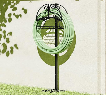 Freestanding Garden Hose Organizer with Storage Basket - Heavy-Duty Black Powder-Coated Hose Stand, Detachable Design Holds 150FT Hose, Includes Wrench & Screwdriver for Easy Assembly