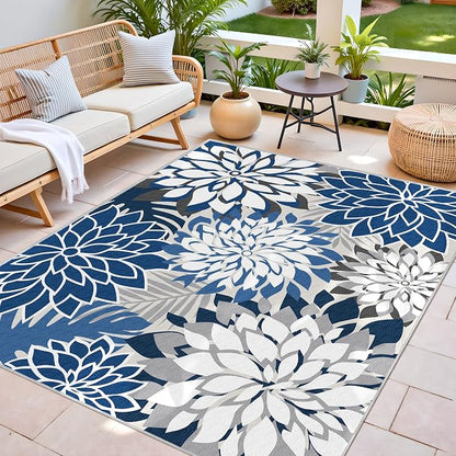 5x8 Outdoor Area Rug Washable Multicolored Patio Rug Tropical Botanical Floral Chenille Waterproof Outdoor Carpet for Living Room, Deck, Backyard, Porch, Blue