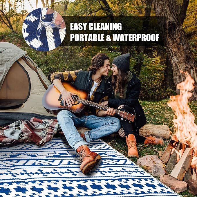HUGEAR Outdoor Plastic Straw Rug, Waterproof Outdoor Rugs for Patios Clearance, Reversible Area Rug, Large Outside Carpet for Camping, Balcony, RV, Deck, Picnic, Beach 5x8ft Geometric Boho Blue&White