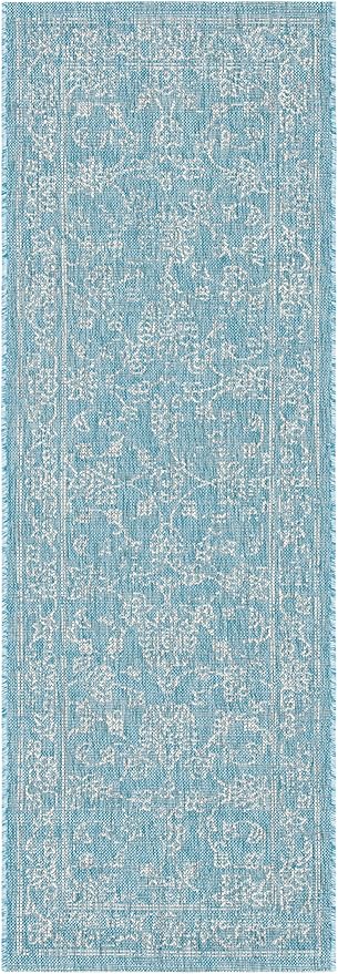SAFAVIEH Washable Rug Outdoor Courtyard Collection - 2'3" x 6'7" Runner, Aqua Blue & Grey, Non-Shedding & Easy Cleaning, Ideal for Patio, Entryway, Mudroom, Hallway, Kitchen (CY8680-37121)