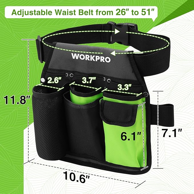WORKPRO 2-Piece Pruning Shears and Garden Tool Belt Set, Gardening Belt with 5 Pockets and Adjustable Waist Belt, 8" Bypass Garden Shears and 8'' Handing Pruner with Steel Straight Blade