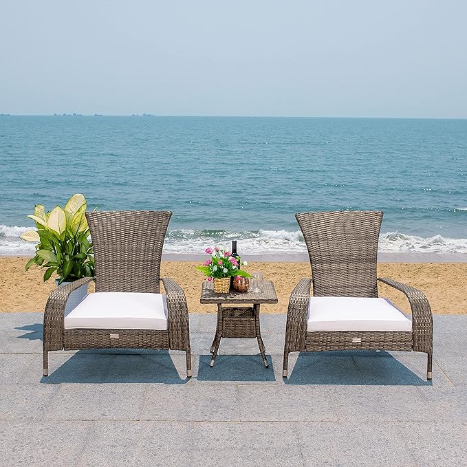 SAFAVIEH Outdoor Collection Edna Grey Brown/White Cushion 3-Piece Lounge Set with Table (PAT7719C)
