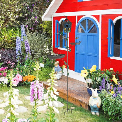 Metal Bird Bath Feeder and Bird House on Pole, 69.5" H Free Standing Bird Houses, Tall Cast Iron Bird Baths with 5-Prong Stake, Stylish Birdhouse with Birdbath Bowl for Outdoors Garden Yard Decor