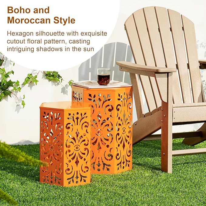 Glitzhome Outdoor Side Tables Set of 2 Decorative Garden Stools,Heavy Duty Metal Cutout Floral Pattern Hexagonal Modern End Table Plant Stand Accent Table, Orange