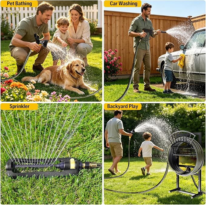 Heavy Duty Garden Hose Holder include 45ft Rubber Hose 5/8" | 4 Spike Freestanding, 2 Middle Bars for Enhance Stability, Anti-Rust Outdoor, Brass Fitting, Tidy Organizer