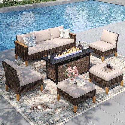 PHI VILLA 8-Piece Outdoor Patio Conversation Set with 56" Fire Pit Table, Outdoor Rattan Furniture Patio Set for 7 Seats with Cushioned 3 x Armrest Chair, 2 x Ottoman and 2 x Armless Sofa, Beige