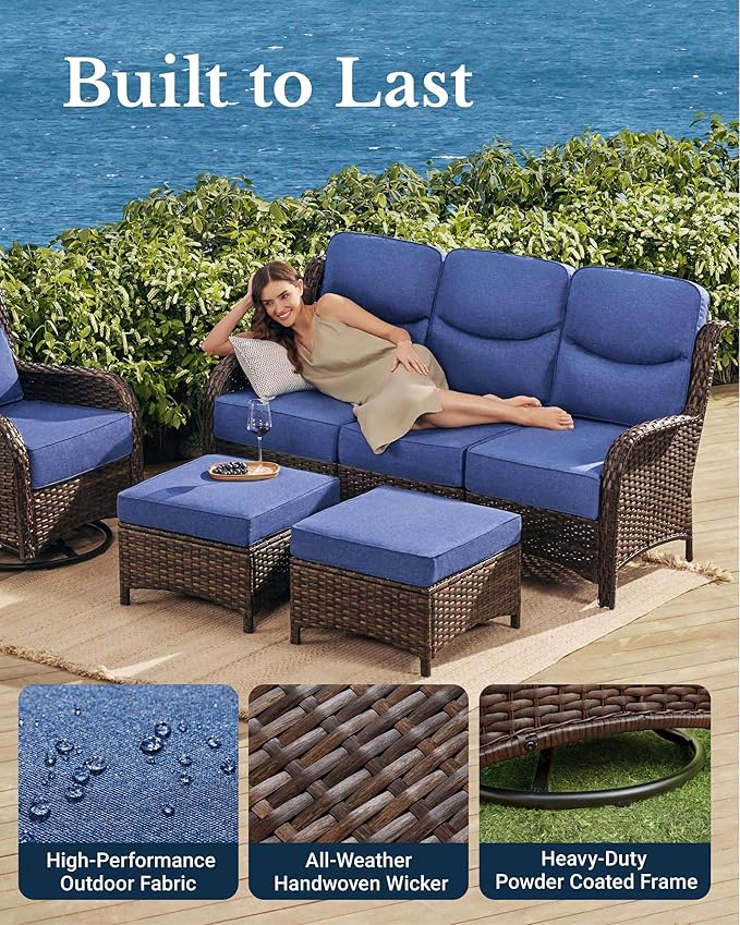 HILLGA Luxury Patio Furniture Set with 6-Inch Thick Cushions, High Back Outdoor Swivel Rocker Chairs and Patio Couch, 10-Piece All Weather Conversation Set for Porch Deck Pool Yard, Blue (V3)
