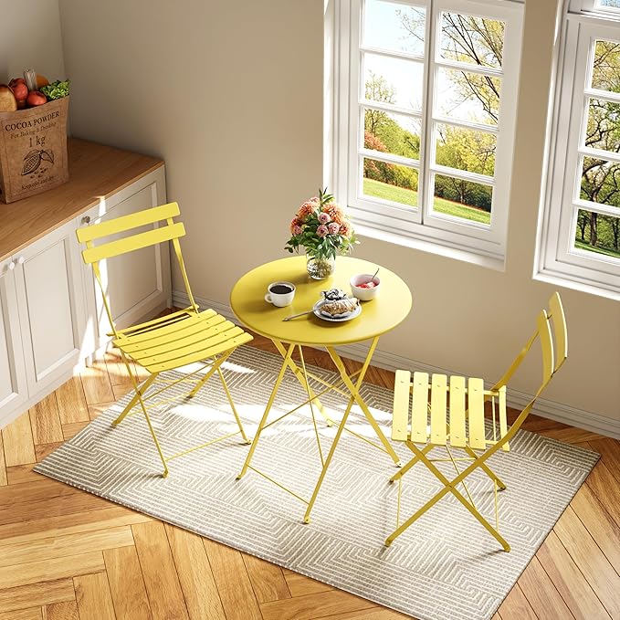 Patio Bistro Set, 3-Piece Outdoor Folding Table and Chairs, Premium Steel Frame Weather Resistant Conversation Sets of 2, Space Saving Patio Furniture for Backyard Balcony Porch Garden
