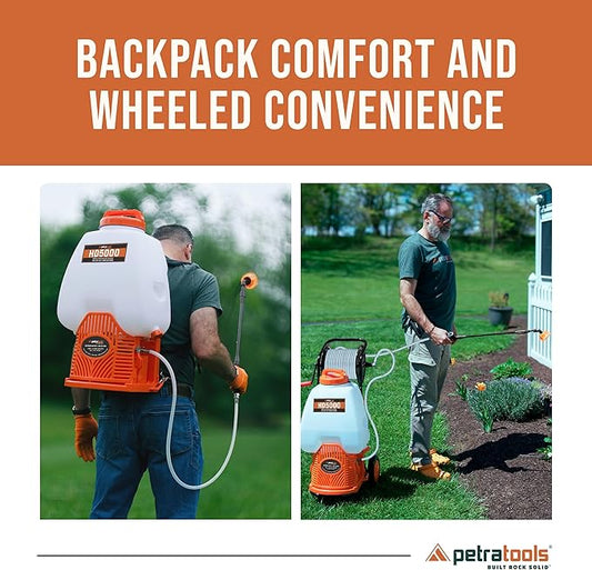PetraTools Battery Backpack Sprayer with Custom Fitted Cart and 100 Foot Commercial Hose, 2 Hoses Included, Commercial Quality Heavy Duty Sprayer (HD5000 6.5-Gallon with Reel Cart)