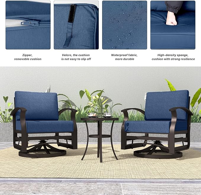 Kurapika 3 Pieces Patio Furniture Set, Outdoor Aluminum Swivel Gliders Rocker, Patio Bistro Set Rocking Chair with Thickened Cushions for Porch Garden(Navy Blue)