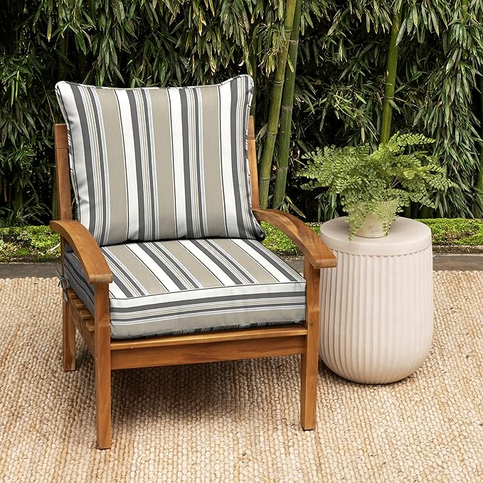 Arden earthFIBER Outdoor Deep Seat Cushion Set, 24 x 24, Rain-Proof, Fade Resistant, Deep Seat Bottom and Back Cushion for Chair, Sofa Taupe Grey Boardwalk Stripe