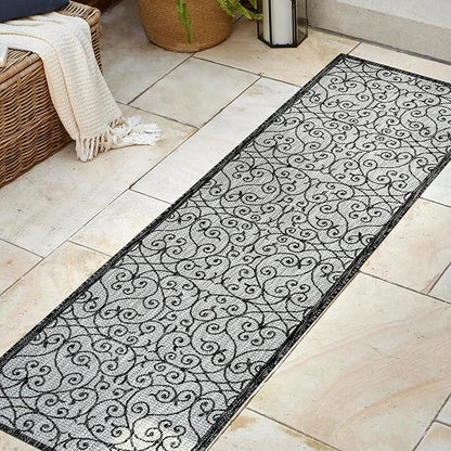 JONATHAN Y Vintage Filigree Indoor Outdoor Runner Rug 2X8 Light Gray/Black, Madrid Textured Weave for Backyard, Patio, Porch, Easy-Cleaning, High Traffic, Pet-Friendly, Non-Shedding (SMB107E-28)
