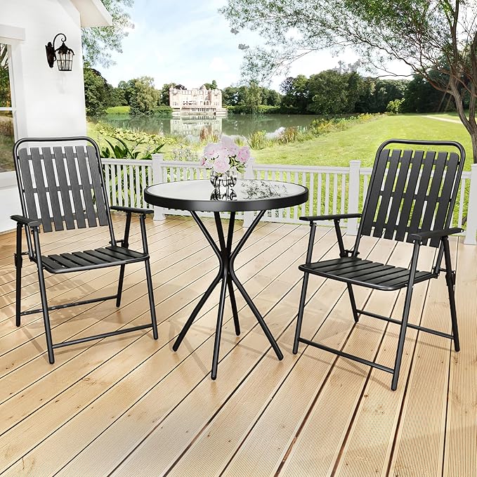 3 Piece Patio Bistro Set Folding Outdoor Dining Set for 2, Bistro Table and Chairs Set of 2 No Assembly Anti Rust Small Outdoor Bistro Sets for Lawn Backyard Balcony Poolside Deck (Black)