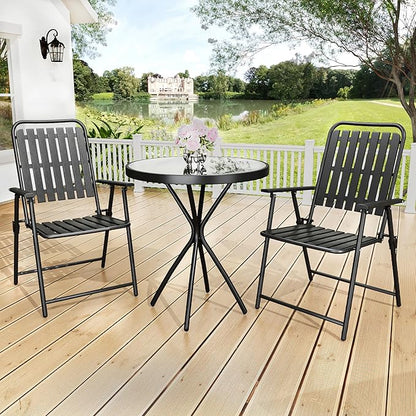 3 Piece Patio Bistro Set Folding Outdoor Dining Set for 2, Bistro Table and Chairs Set of 2 No Assembly Anti Rust Small Outdoor Bistro Sets for Lawn Backyard Balcony Poolside Deck (Black)