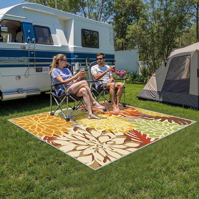 Colorful 6x9 Outdoor Area Rug Washable Multicolored Patio Rug Tropical Botanical Floral Chenille Waterproof Outdoor Carpet Non-Slip for Patio, Deck, Backyard, Porch, Orange