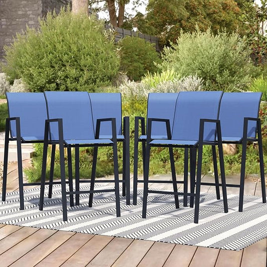 Outdoor Bar Stools Set of 6, 44'' Patio Bar Chairs with Textile High Back, Bar Height Chairs with Straight Armrest and Footrest, Blue