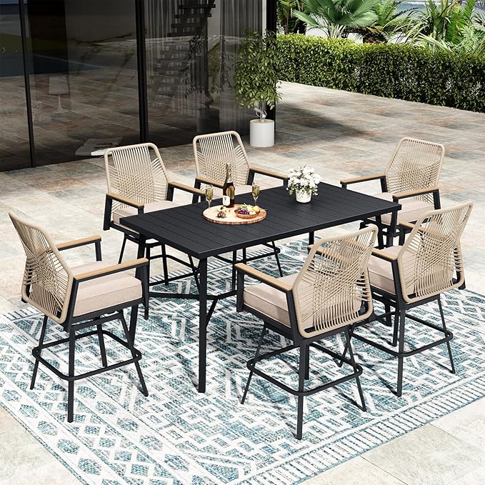 7 Piece Outdoor Bar Set, Swivel Counter Height Bar Stools with 40" Table, Wicker High Top Outdoor Table and Chairs with Cushion, Patio Barstool Set for Porch, Pool and Deck, Beige