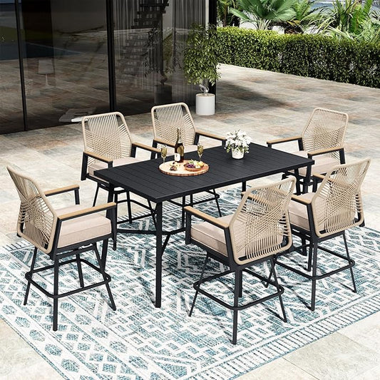 7 Piece Outdoor Bar Set, Swivel Counter Height Bar Stools with 40" Table, Wicker High Top Outdoor Table and Chairs with Cushion, Patio Barstool Set for Porch, Pool and Deck, Beige