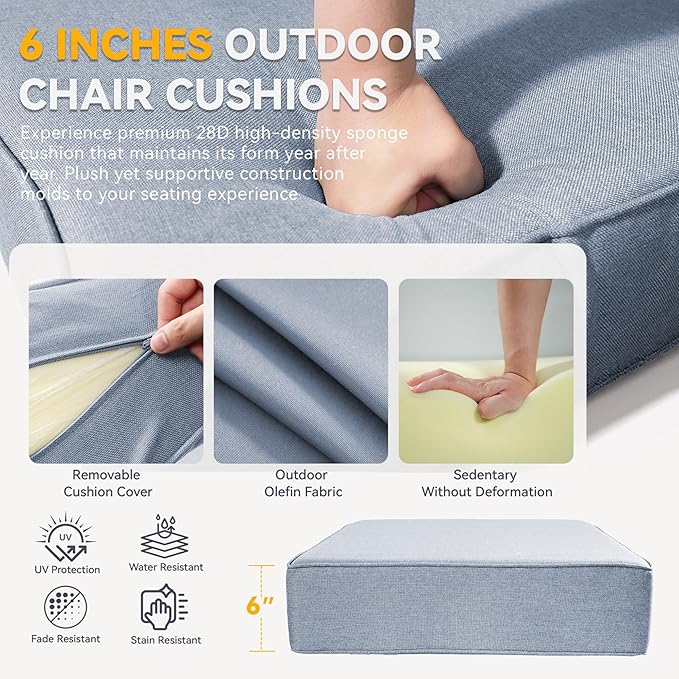 Outdoor Cushion Set for Furniture Patio Furniture, UV Resistant, Water Resistant - 6 Inch Thick Foam Garden Cushions– 24x24 Inch Patio Seat Covers for Chair/Sofa/Couch | Baby Blue | 10-Pack |