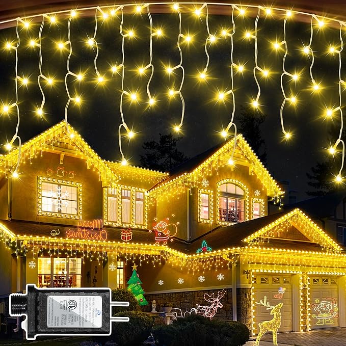 504 LED Christmas Lights Outdoor 50FT with 112 Drops, Christmas Decorations Hanging Lights 12 Modes, Dimmable Outsite Fairy String Lights for Wedding Party Holiday Winter Wonderland Decor Warm White