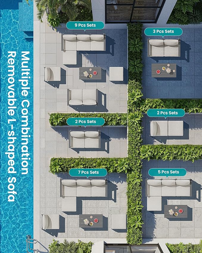 SERWALL 9 Pieces Patio Sofas with 15FT Double Side Patio Umbrella, All-Weather HDPE Outdoor Sectional Sofa, Large Modular Conversation Set for Patio, Garden, Deck, Grey Frame with Khaki Cushion