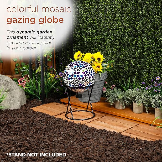 Alpine Corporation HMD218 Mosaic Gazing Globe with Mirrored Floral Pattern Decoration for Garden, Patio, and Lawn, 12" H