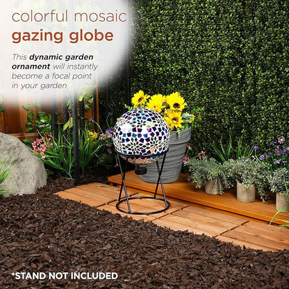 Alpine Corporation HMD218 Mosaic Gazing Globe with Mirrored Floral Pattern Decoration for Garden, Patio, and Lawn, 12" H