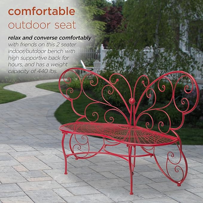 Alpine Corporation 62" x 26" Outdoor 2 Person Metal Butterfly Shaped Garden Bench, Red