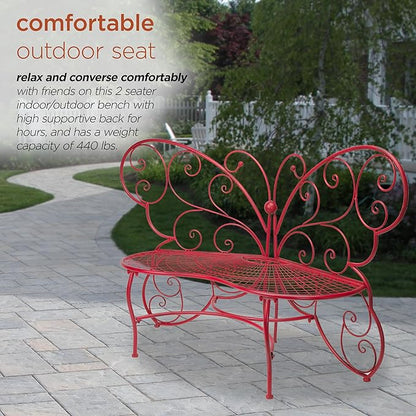 Alpine Corporation 62" x 26" Outdoor 2 Person Metal Butterfly Shaped Garden Bench, Red