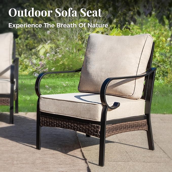Patio Furniture Set with Firepit Table, Black Frame Outdoor Conversation Set with 2 x Fixed Chairs, 1 x 3-Seat Sofa for Lawn Garden Backyard, Beige