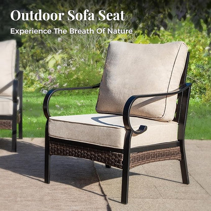 Patio Furniture Set with Firepit Table, Black Frame Outdoor Conversation Set with 2 x Fixed Chairs, 1 x 3-Seat Sofa for Lawn Garden Backyard, Beige