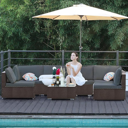 7-Piece Patio Furniture Set - Outdoor Sectional Sofa Set with Cushions and Glass-Top Coffee Table for Gardens, Poolside, Backyards and Porches, Wine/Grey