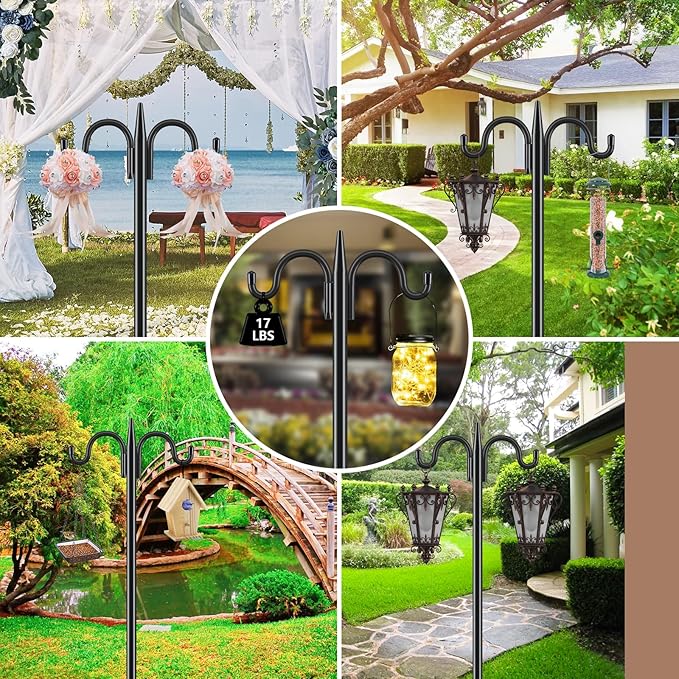 Gtongoko Squirrel Proof Bird Feeder Pole, 108 Inch Double Shepherds Hook with 19 Inch Squirrel Baffle, Heavy Duty Adjustable Outdoor Bird Feeder Stand with 5-Prong Base for Garden, Plants, Black