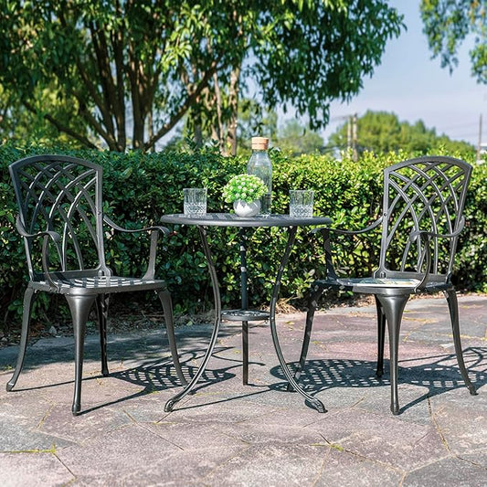 NUU GARDEN 3-Piece Patio Bistro Set, Cast Aluminum Table and 2 Chairs with Umbrella Hole, Outdoor Bistro Set for Patio or Backyard, Black
