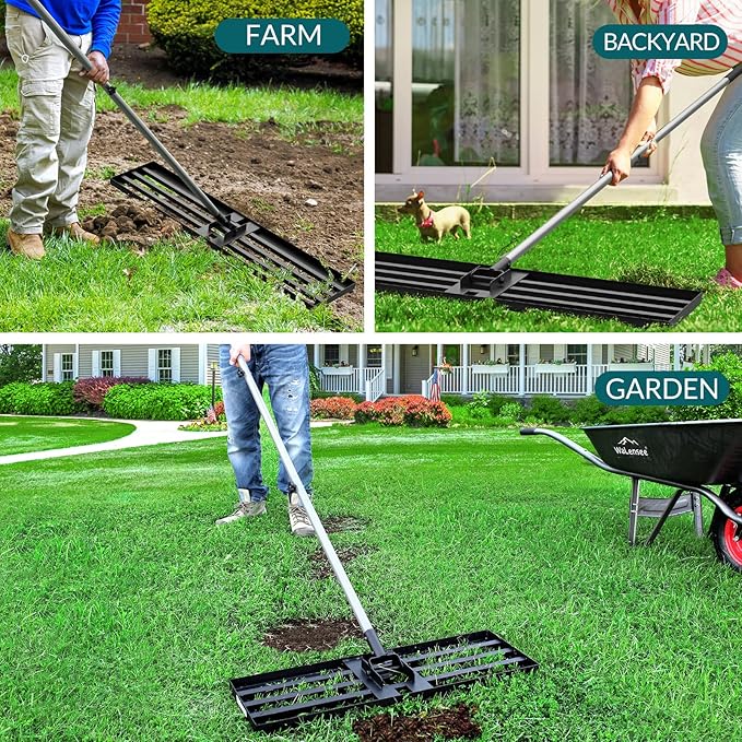 Walensee Lawn Leveling Rake, Levelawn Tool, Heavy Duty Effort Saving Lawn Level Tool, Steel Handle Lawn Leveler for Yard Garden Golf Course , Ease Level Soil Sand Dirt Surfaces, 7FT 30"x10"