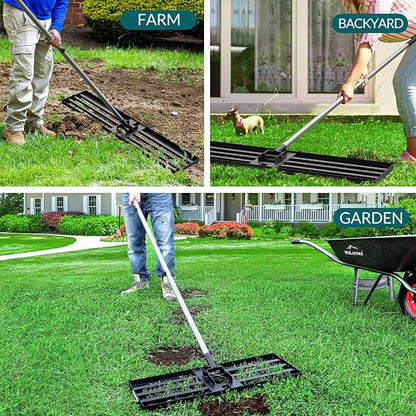 Walensee Lawn Leveling Rake, Levelawn Tool, Heavy Duty Effort Saving Lawn Level Tool, Steel Handle Lawn Leveler for Yard Garden Golf Course , Ease Level Soil Sand Dirt Surfaces, 7FT 30"x10"