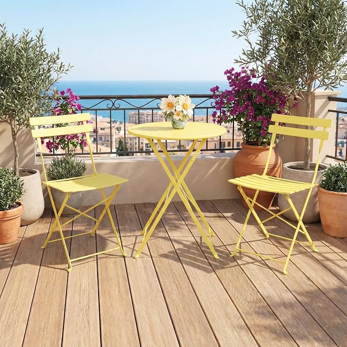 GarveeLife 3 Piece Outdoor Bistro Set, Metal Patio Furniture Set with 2 Chairs and 1 Table, Durable Steel Frame for Garden, Balcony, Porch, Backyard, Yellow