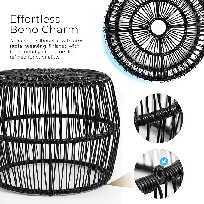 Furniture of America Ysar Boho Rattan Round Coffee Table Outdoor with Metal Frame, All-Weather and Rust Resistant, Handcrafted Coastal Furniture for Patio, Poolside, Garden, Yard, Black