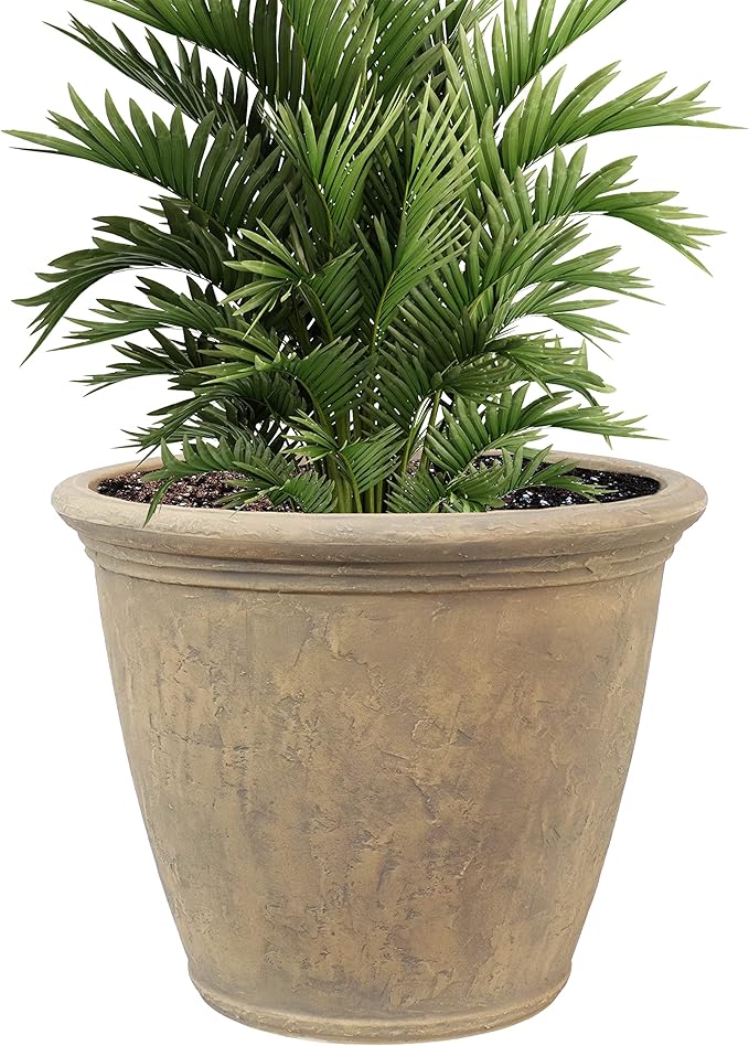 Sunnydaze 24-Inch Anjelica Large Plastic Pot for Plants - Double-Walled Outdoor Polyresin Round Planter Porch Pot with Drillable Drainage Holes - Beige