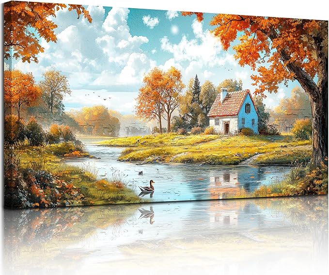 SERIMINO Nature Landscape Wall Art, Lakeside Farmhouse Canvas Large Artwork, Autumn Forest Cottage Scenic Wall Prints, Rustic Pictures Wall Decor Living Room Bedroom Bathroom Kitchen 20"X40"