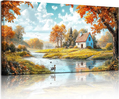 SERIMINO Nature Landscape Wall Art, Lakeside Farmhouse Canvas Large Artwork, Autumn Forest Cottage Scenic Wall Prints, Rustic Pictures Wall Decor Living Room Bedroom Bathroom Kitchen 20"X40"