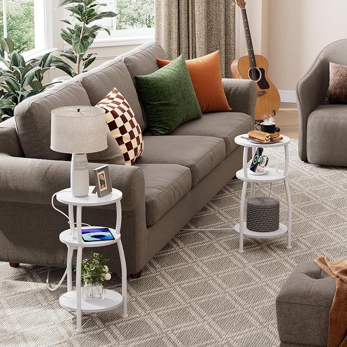 Round Side Table with Power Outlet & USB Ports, 3-Tier End Table with Storage Shelf, Modern Rustic Nightstand, Small Spaces Accent Table for Living Room Bedroom, Easy Assembly, White