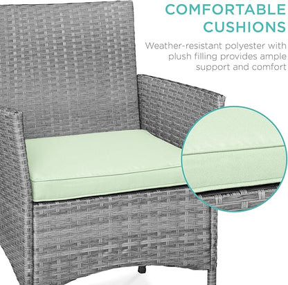 Best Choice Products 3-Piece Outdoor Wicker Conversation Bistro Set, Space Saving Patio Furniture for Garden w/Side Table - Gray/Light Mint