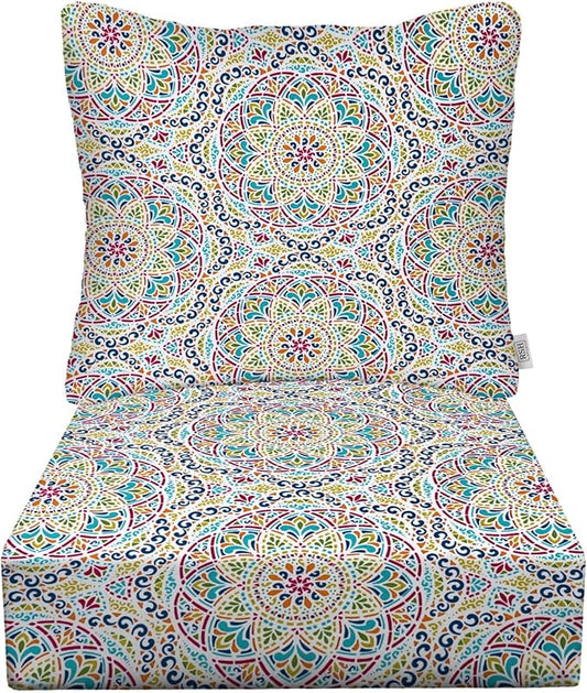 RSH DECOR Deep Seating Cushion with Pillow Back | 22” x 25” Seat | Water and Fade-Resistant Spun Fabric | Outdoor Chair Cushion Set for Patio Furniture | Zen Fiesta Pillow