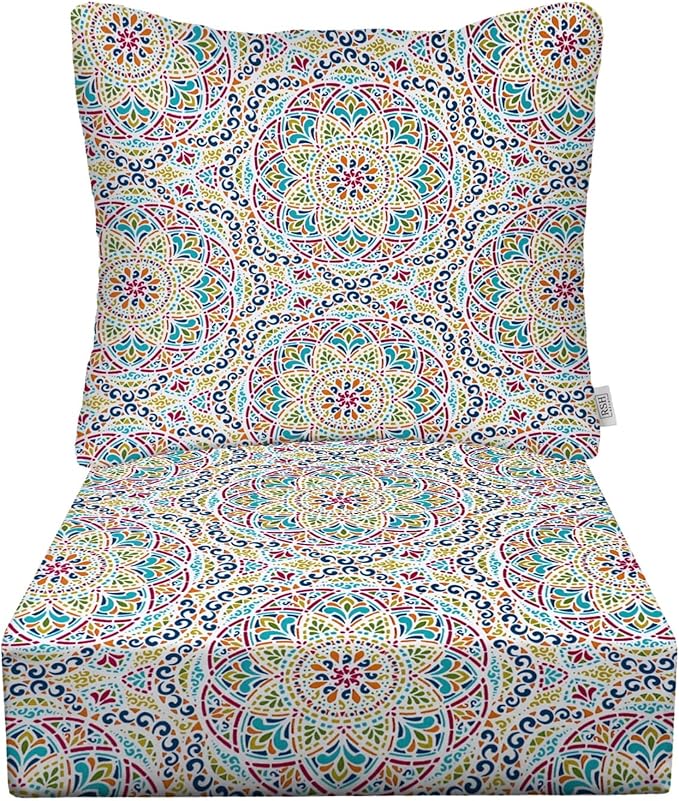 RSH DECOR Deep Seating Cushion with Pillow Back | 24” x 23” Seat | Water and Fade-Resistant Spun Fabric | Outdoor Chair Cushion Set for Patio Furniture | Zen Fiesta Pillow