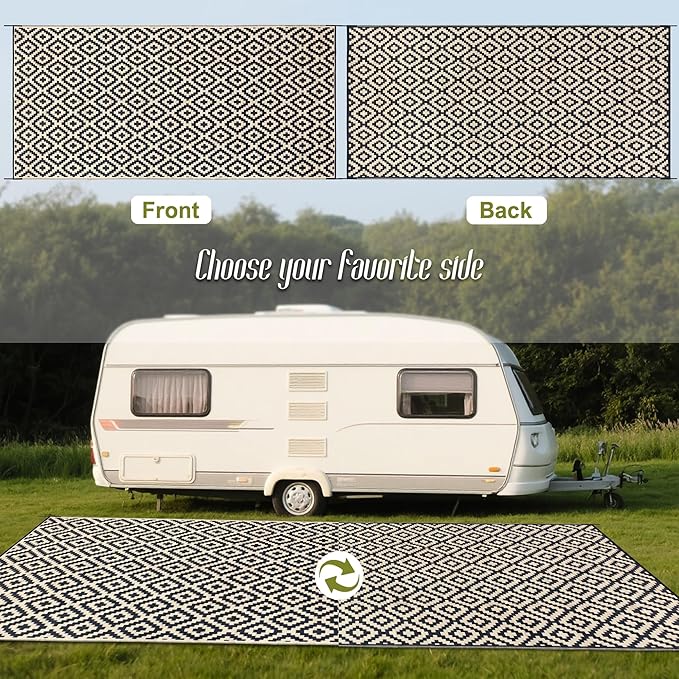 SAND MINE Reversible Mats, Plastic Straw Rug, Modern Area Rug, Large Floor Mat and Rug for Outdoors, RV, Patio, Backyard, Deck, Picnic, Beach, Trailer, Camping (8' x 16', Black & Beige Lattice)