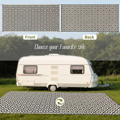 SAND MINE Reversible Mats, Plastic Straw Rug, Modern Area Rug, Large Floor Mat and Rug for Outdoors, RV, Patio, Backyard, Deck, Picnic, Beach, Trailer, Camping (8' x 16', Black & Beige Lattice)