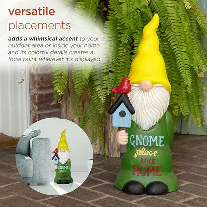 Alpine Corporation 24" Tall Outdoor Yellow Hat Place Like Home Gnome Statue Holding Bird House, Weatherproof Garden Decor
